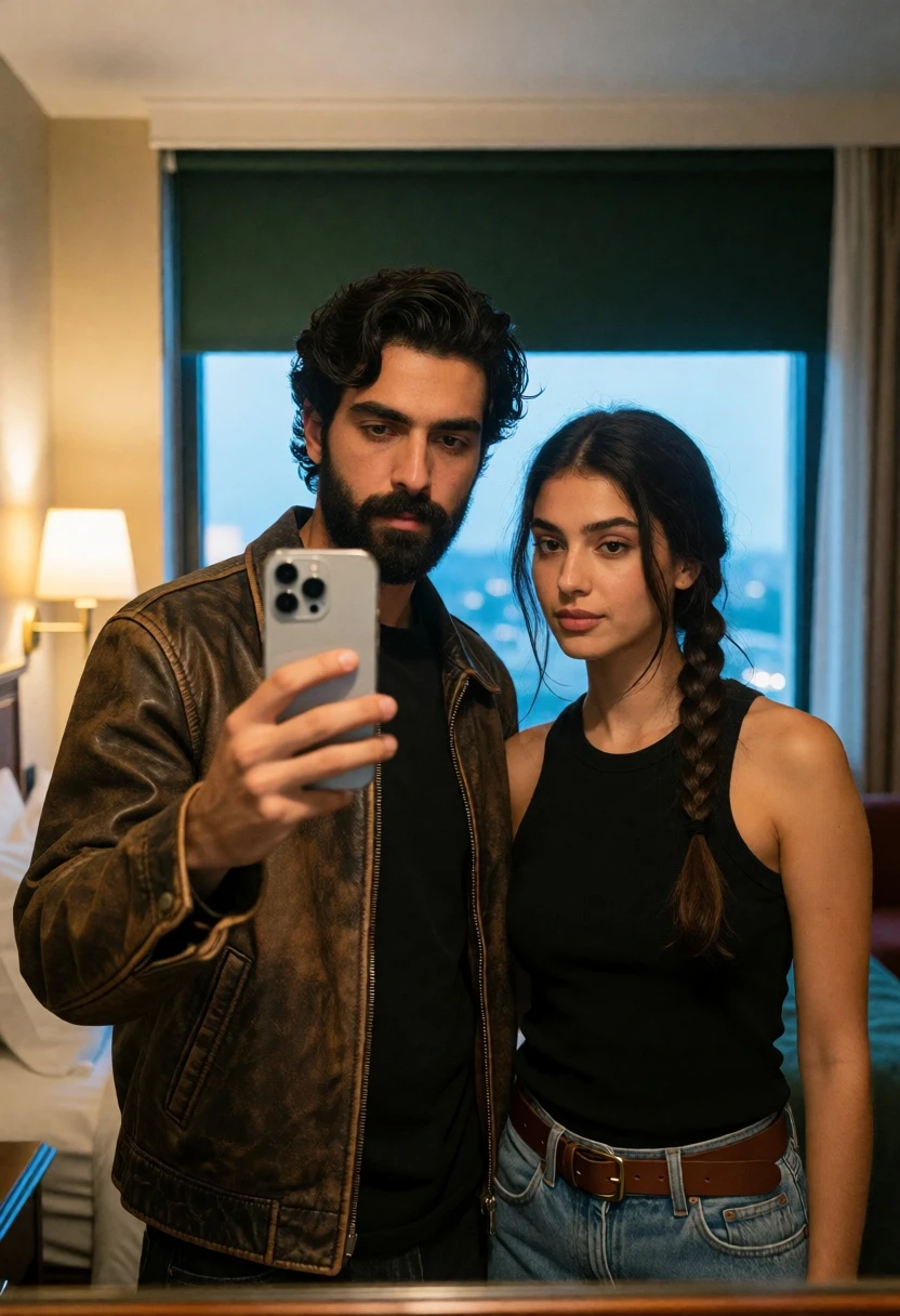 Mirror selfie of couple in hotel room with blue daylight contrast - AI generated image prompt sample