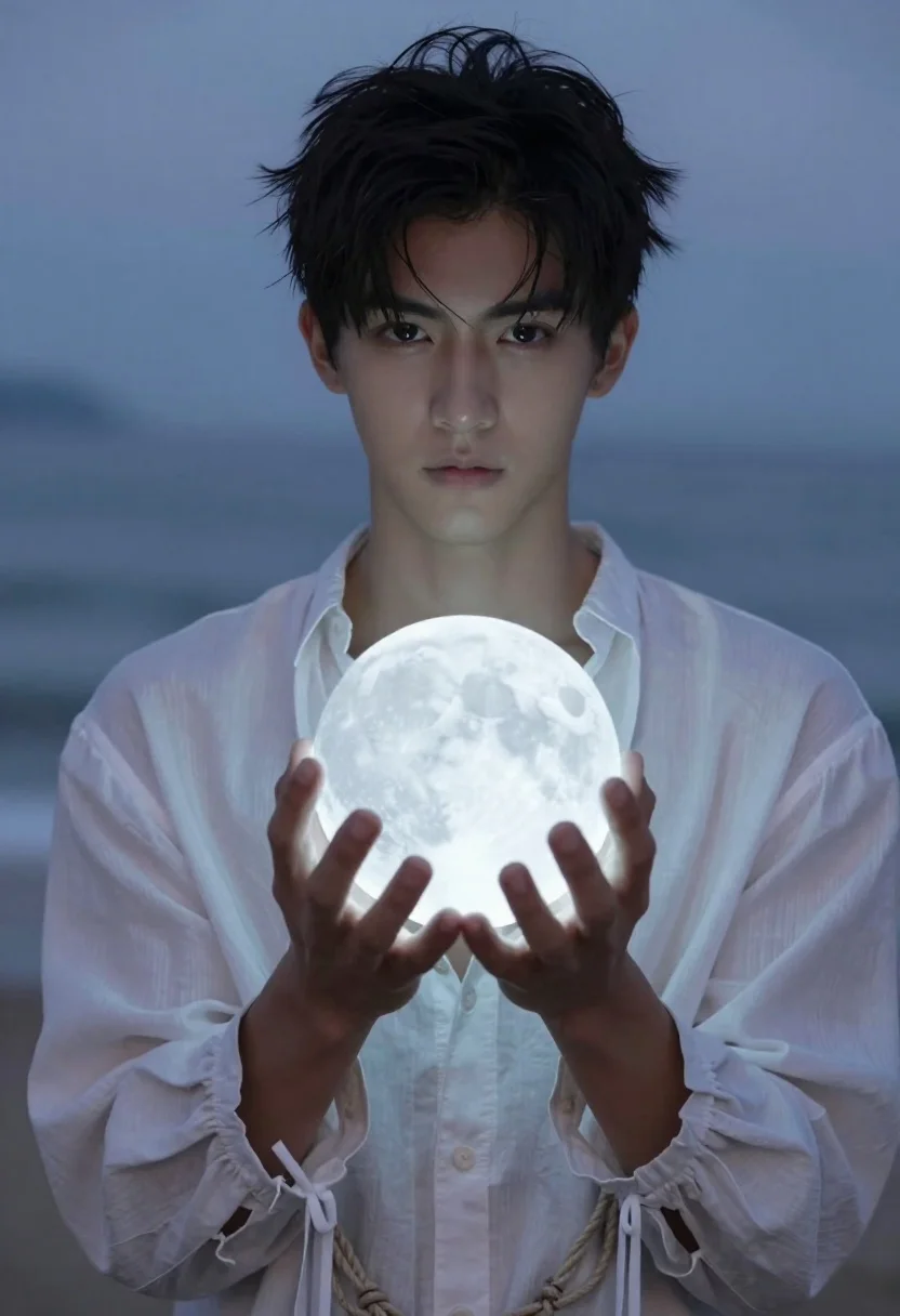 Young man with dark hair holding a glowing moon over sea - AI generated image prompt sample