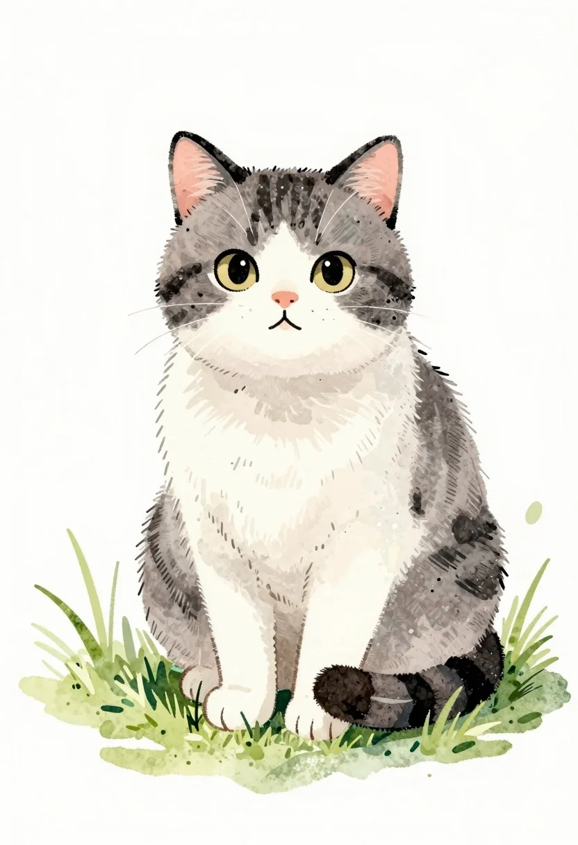 Watercolor illustration of a cat sitting in grass