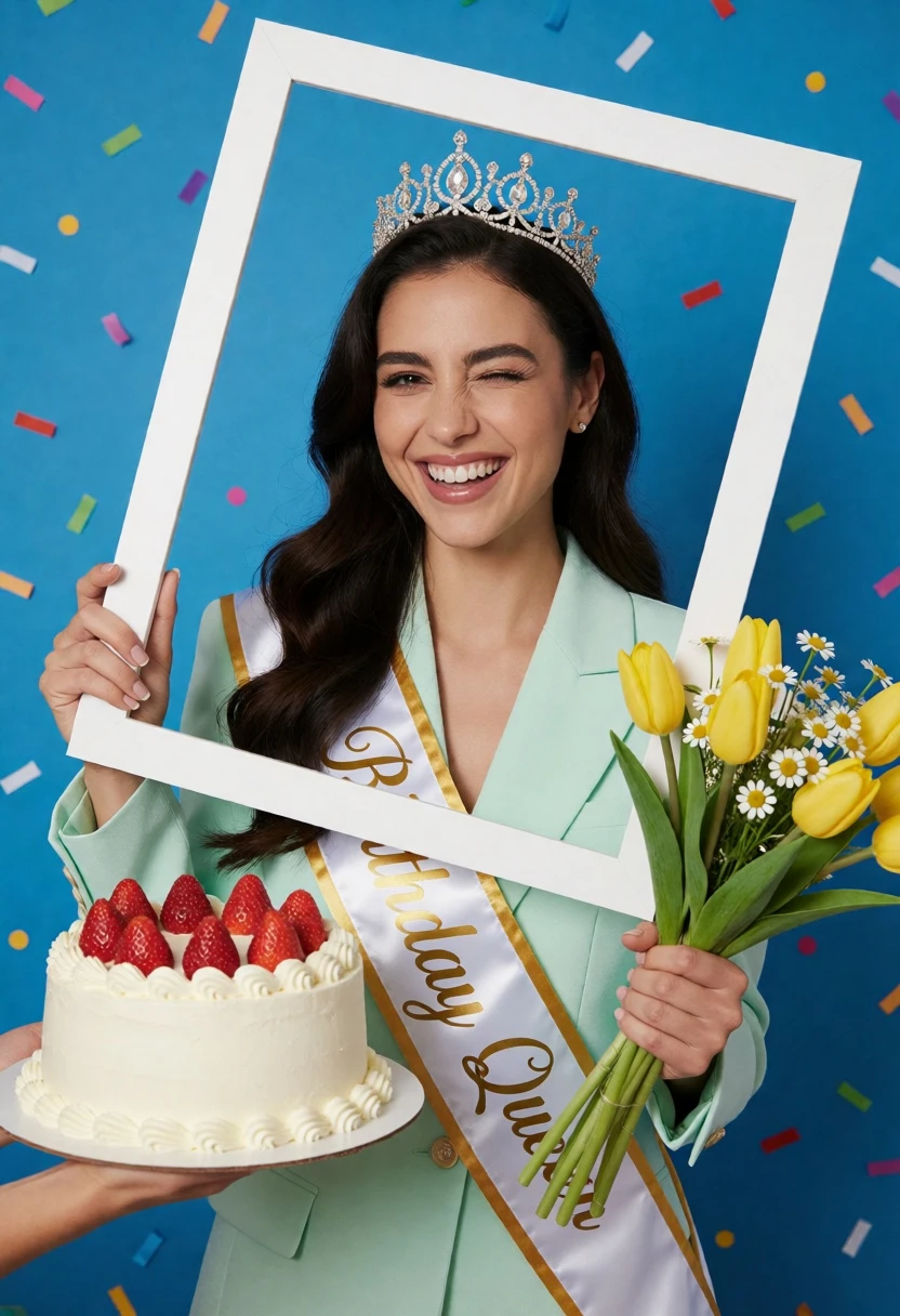 Joyful woman in mint blazer holding frame against bright blue background - AI generated image prompt sample
