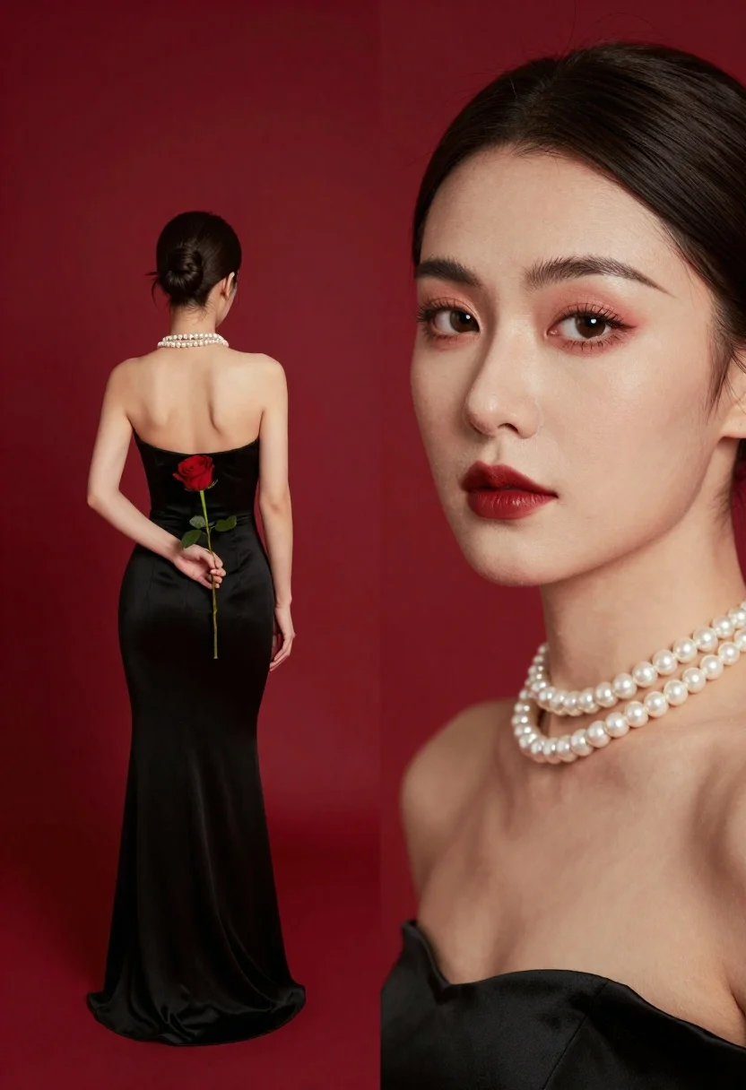 Woman in black strapless gown holding red rose against solid red background - AI generated image prompt sample