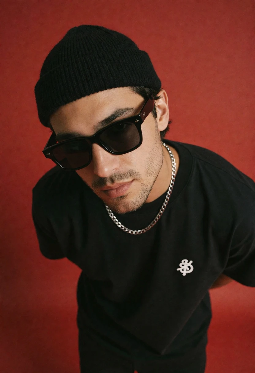 High angle portrait of young man in beanie against solid red backdrop - AI generated image prompt sample
