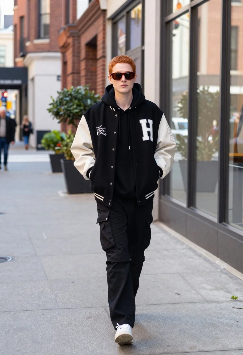 Stylish young person in varsity jacket on an urban brick sidewalk - AI generated image prompt sample