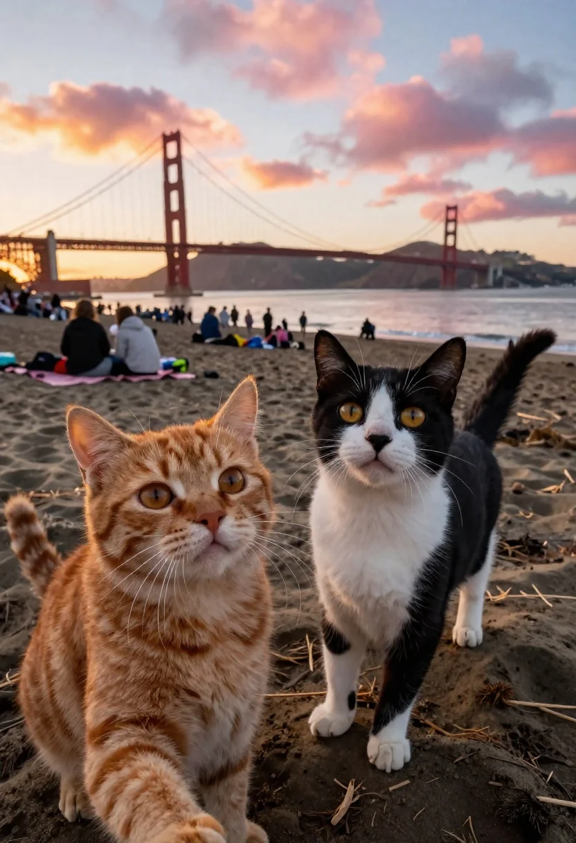 Two cats on a beach near golden gate bridge at sunset