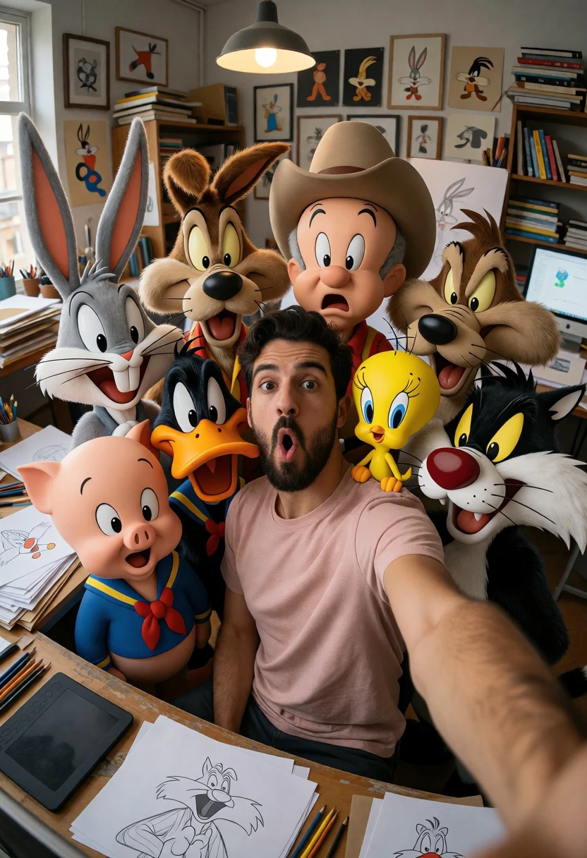 Man taking wide angle selfie with looney tunes characters in studio - AI generated image prompt sample