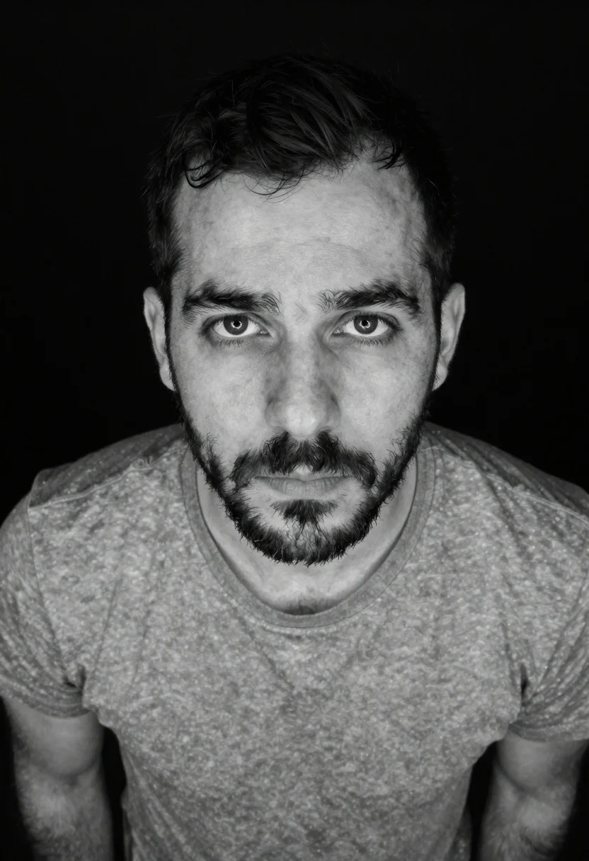Black and white portrait of man looking up at camera - AI generated image prompt sample