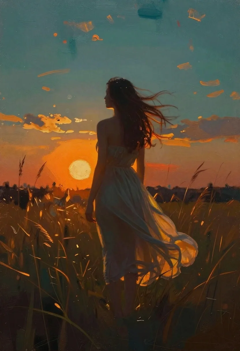 Woman silhouette in tall grass at sunset - AI generated image prompt sample