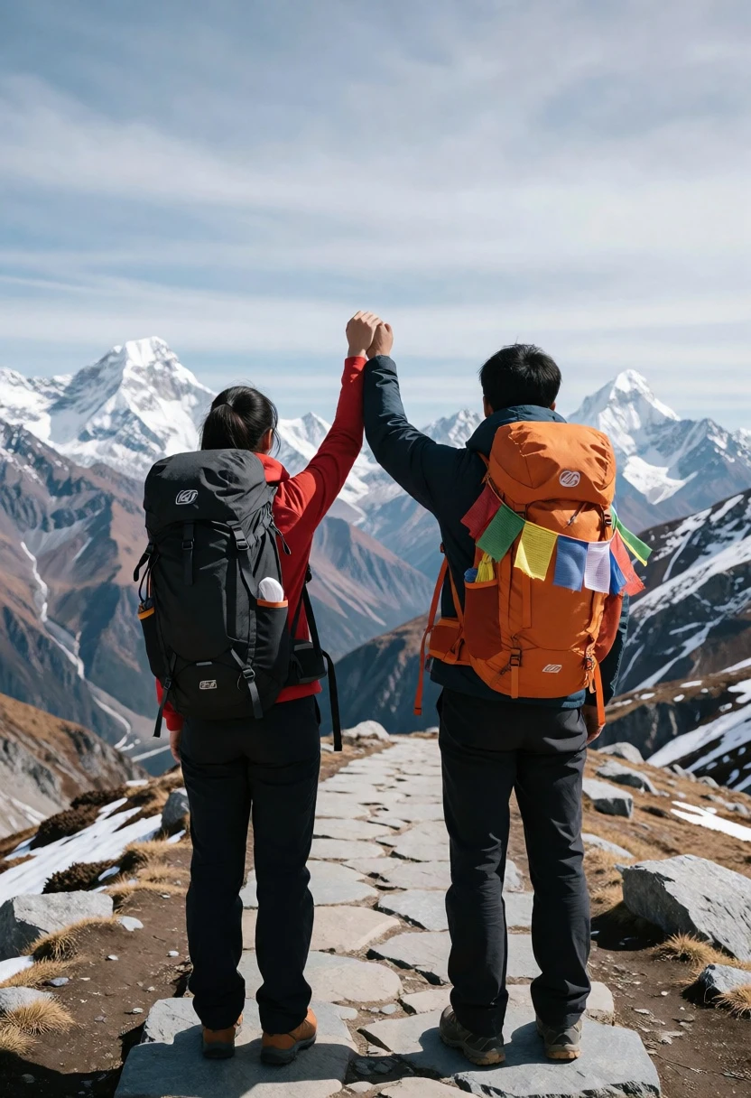 Two hikers holding hands overlooking vast snowcapped mountain range at eye level - AI generated image prompt sample
