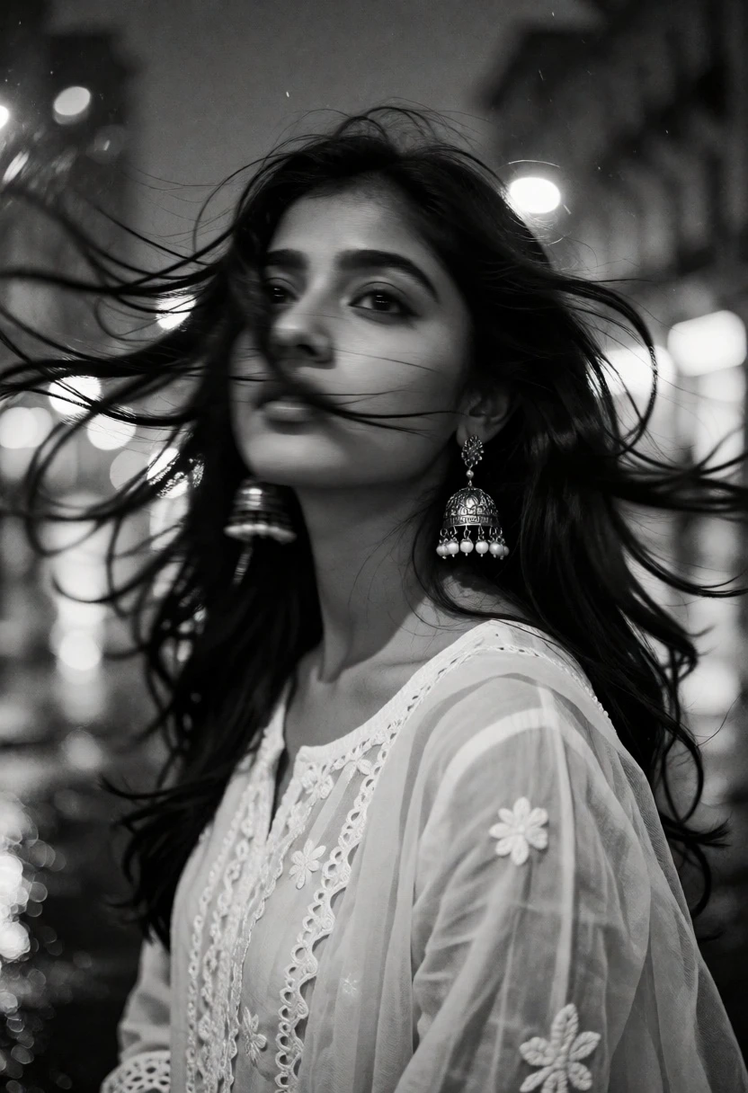 Black and white portrait of woman with windblown hair against city lights - AI generated image prompt sample