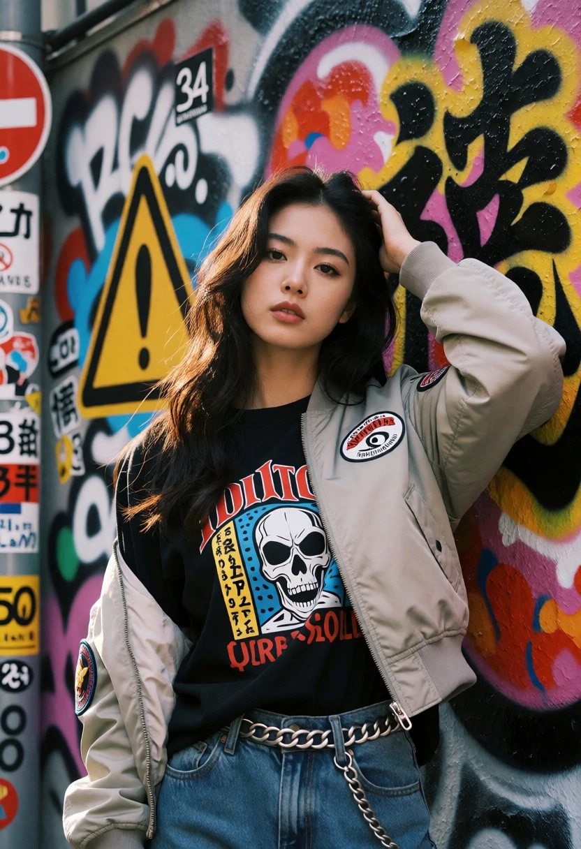 Young woman in black jacket posing against vibrant graffiti wall in tokyo - AI generated image prompt sample