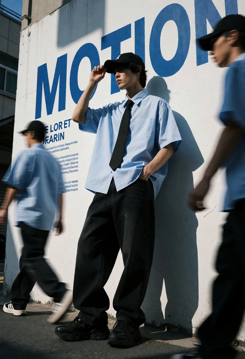 Young man in blue shirt against white wall with large blue text - AI generated image prompt sample