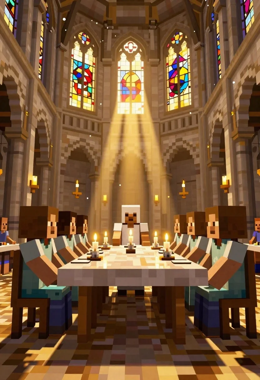 Voxel cathedral dining hall with figures at table