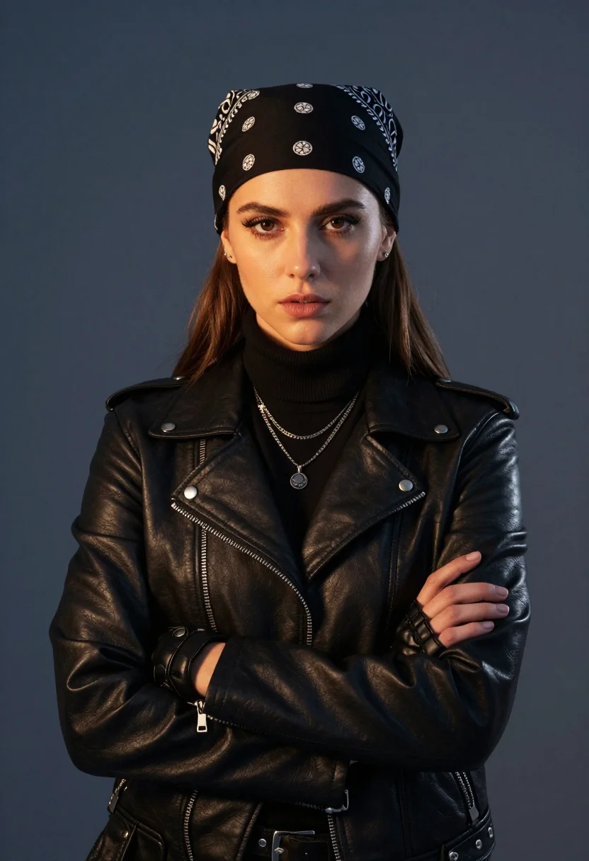 Medium close up of young woman in black leather jacket against dark - AI generated image prompt sample