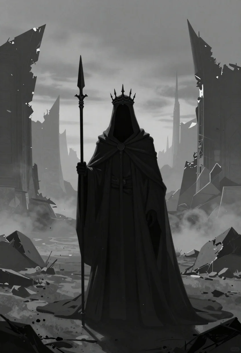 Mysterious hooded figure in desolate ruined landscape