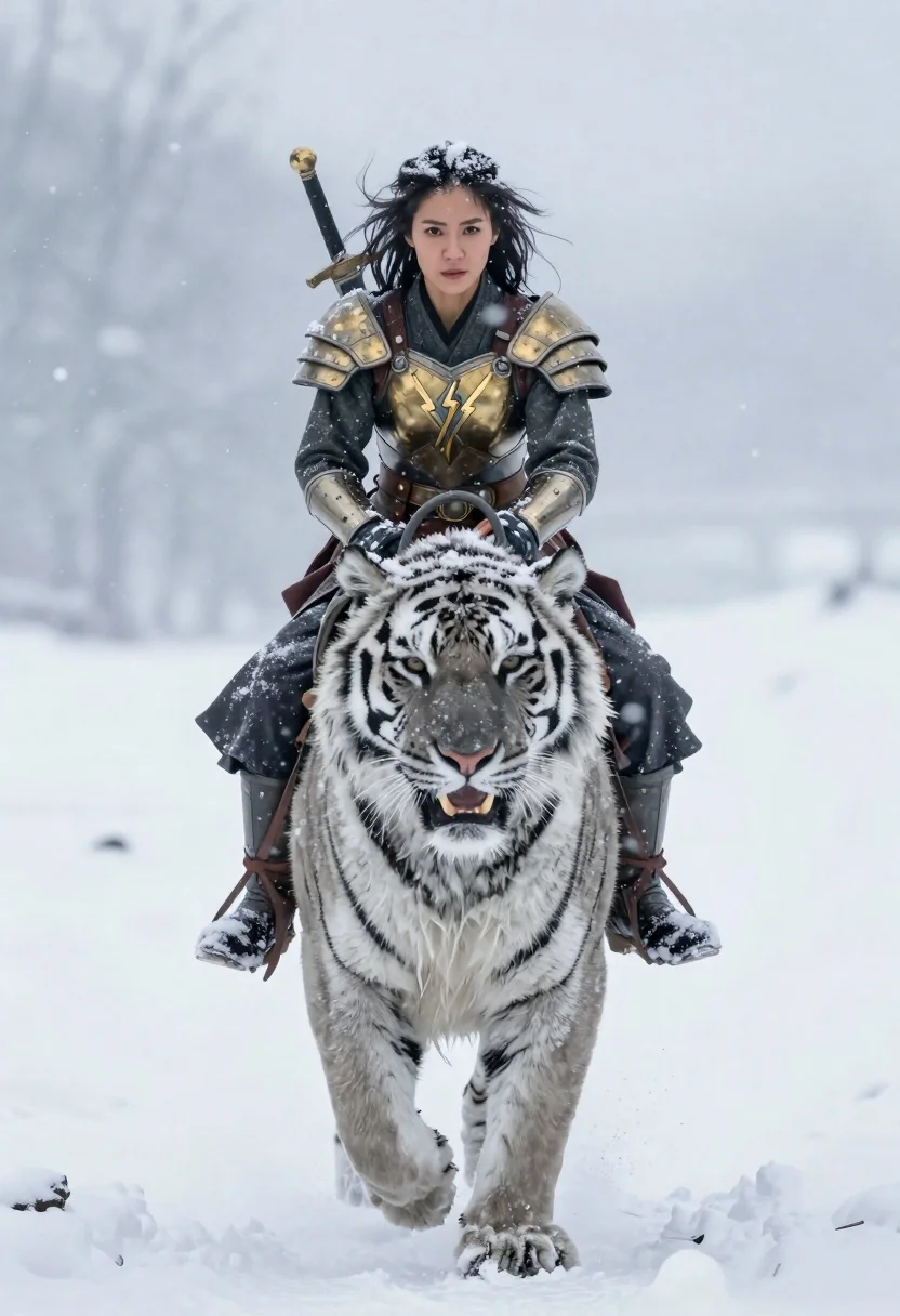Woman riding snowy tiger through heavy falling snow
