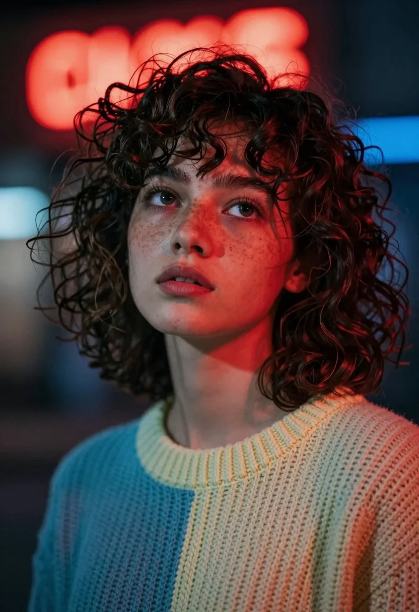 Close up portrait of young woman with curly hair freckles looking upward - AI generated image prompt sample