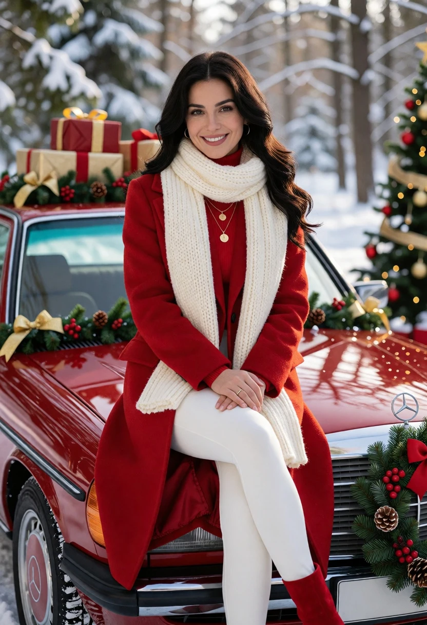 Woman on red vintage mercedes in snowy forest with christmas decorations - AI generated image prompt sample