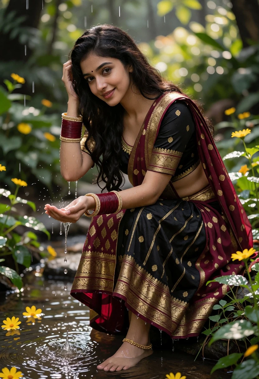 Young woman in traditional lehenga standing in shallow stream surrounded by foliage - AI generated image prompt sample