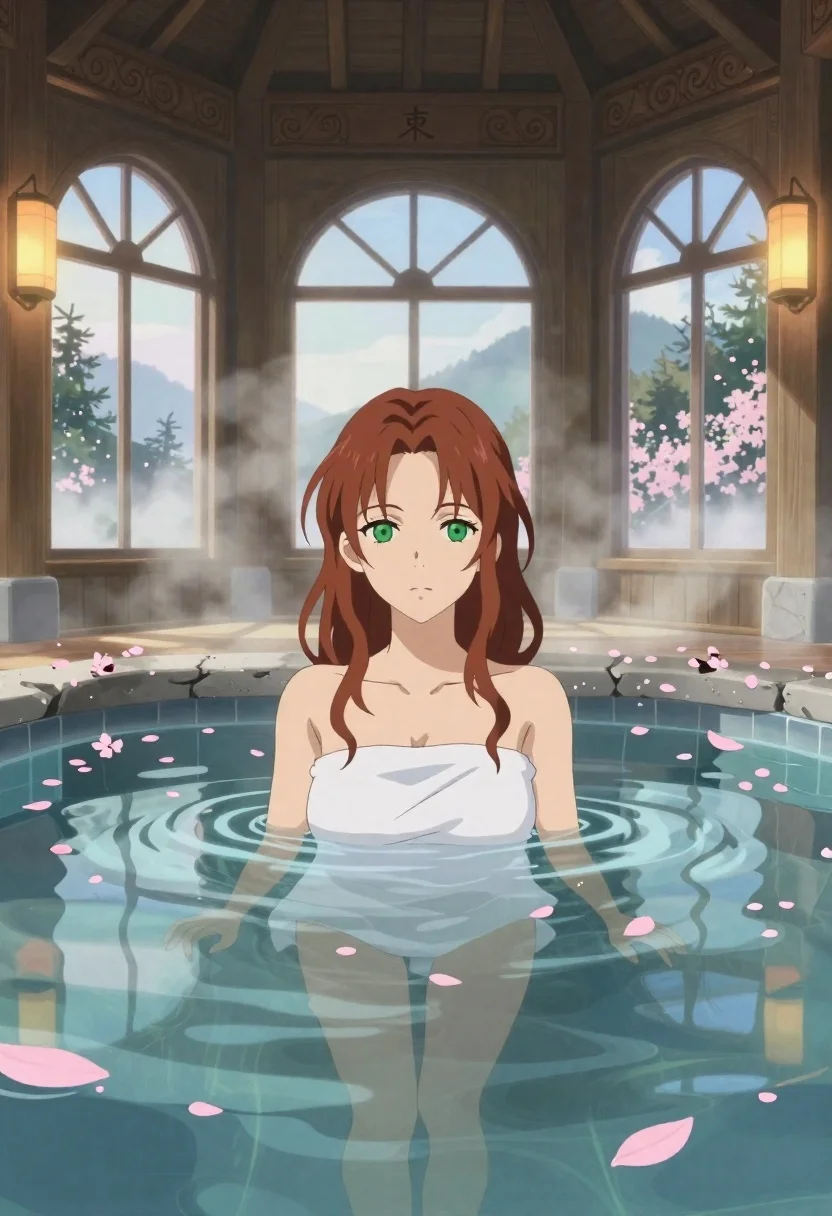 Anime woman relaxing in a hot spring bath with cherry blossoms