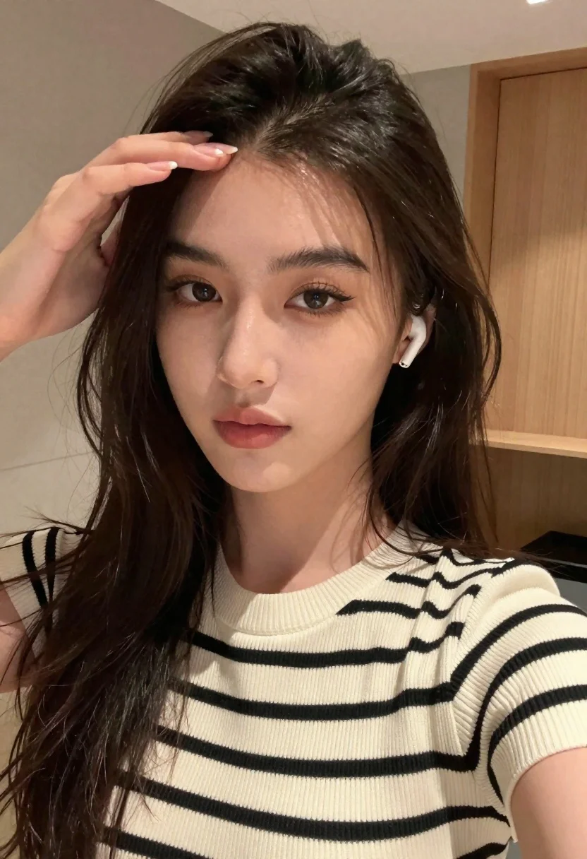 Close up selfie of young woman with dark hair indoors
