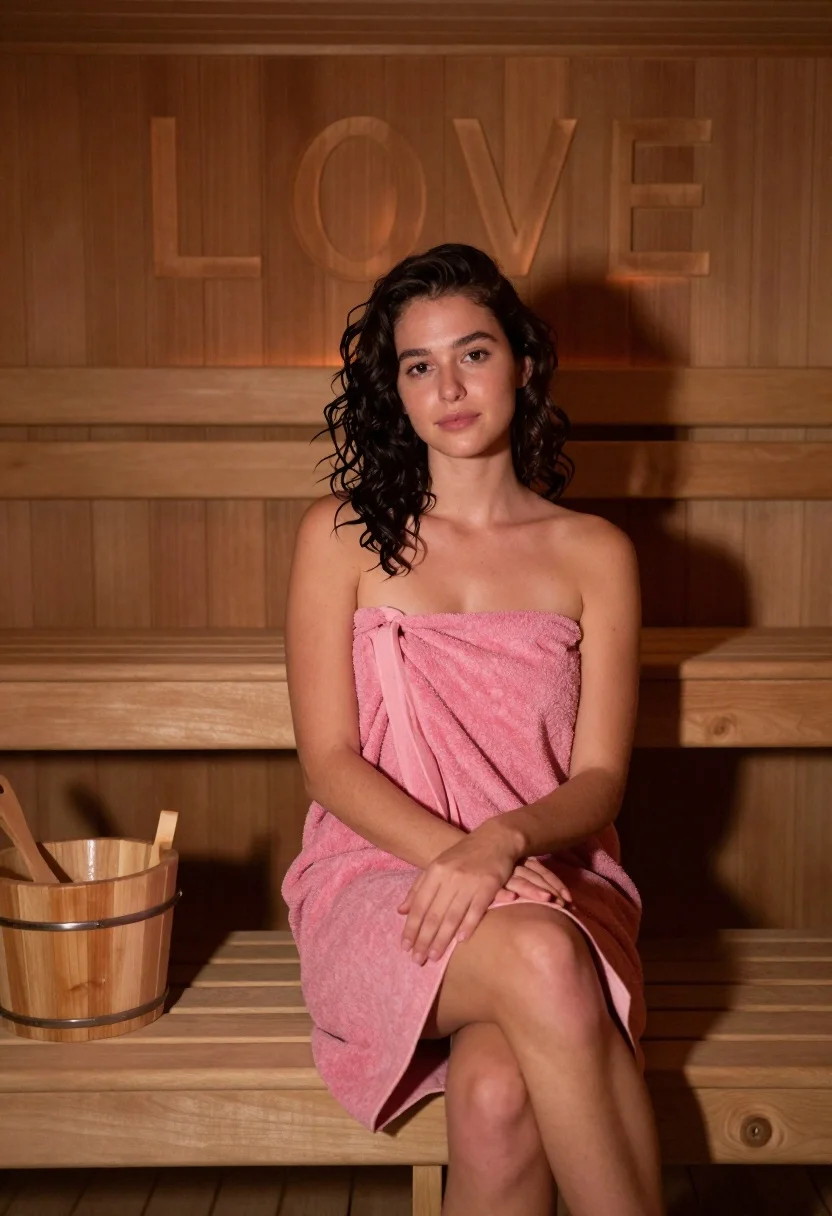 Young woman in pink towel sitting inside wooden sauna with carved love - AI generated image prompt sample