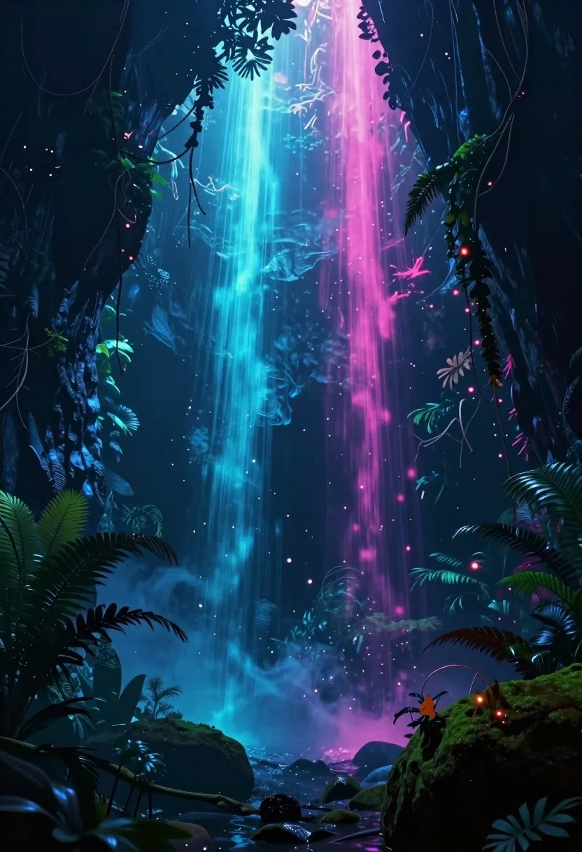 Mystical underwater jungle canyon with glowing light beams