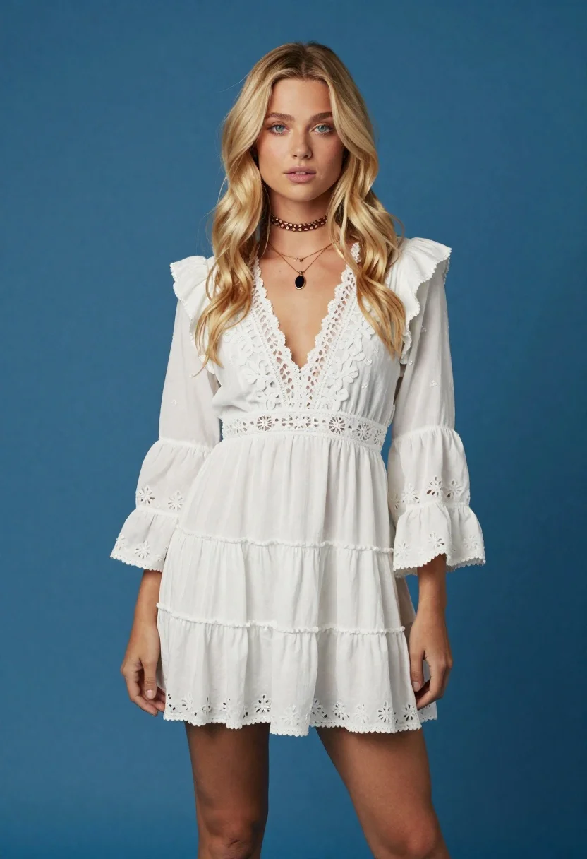 Fair blonde woman in white tiered mini dress against solid blue studio - AI generated image prompt sample