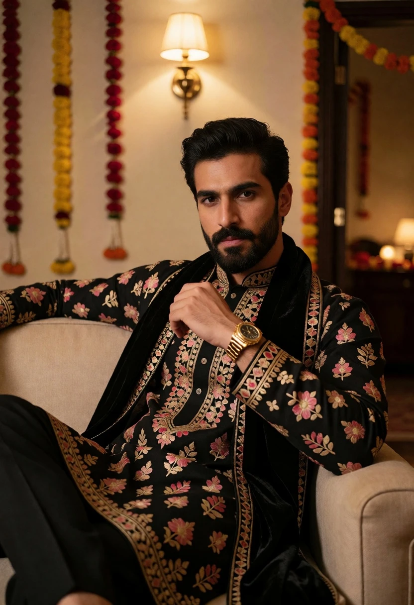 Man in embroidered kurta seated on beige sofa indoors with warm lighting - AI generated image prompt sample