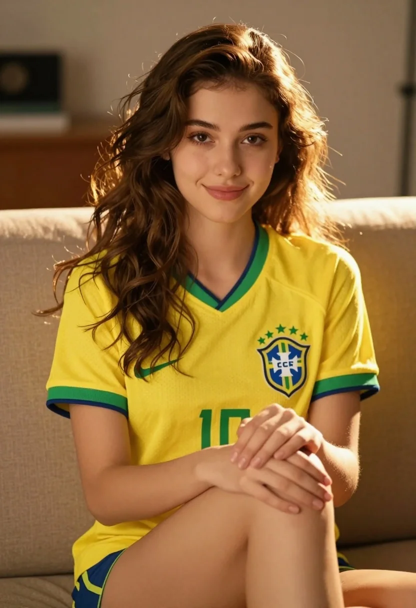 Young woman in yellow soccer jersey sitting on beige sofa indoors - AI generated image prompt sample