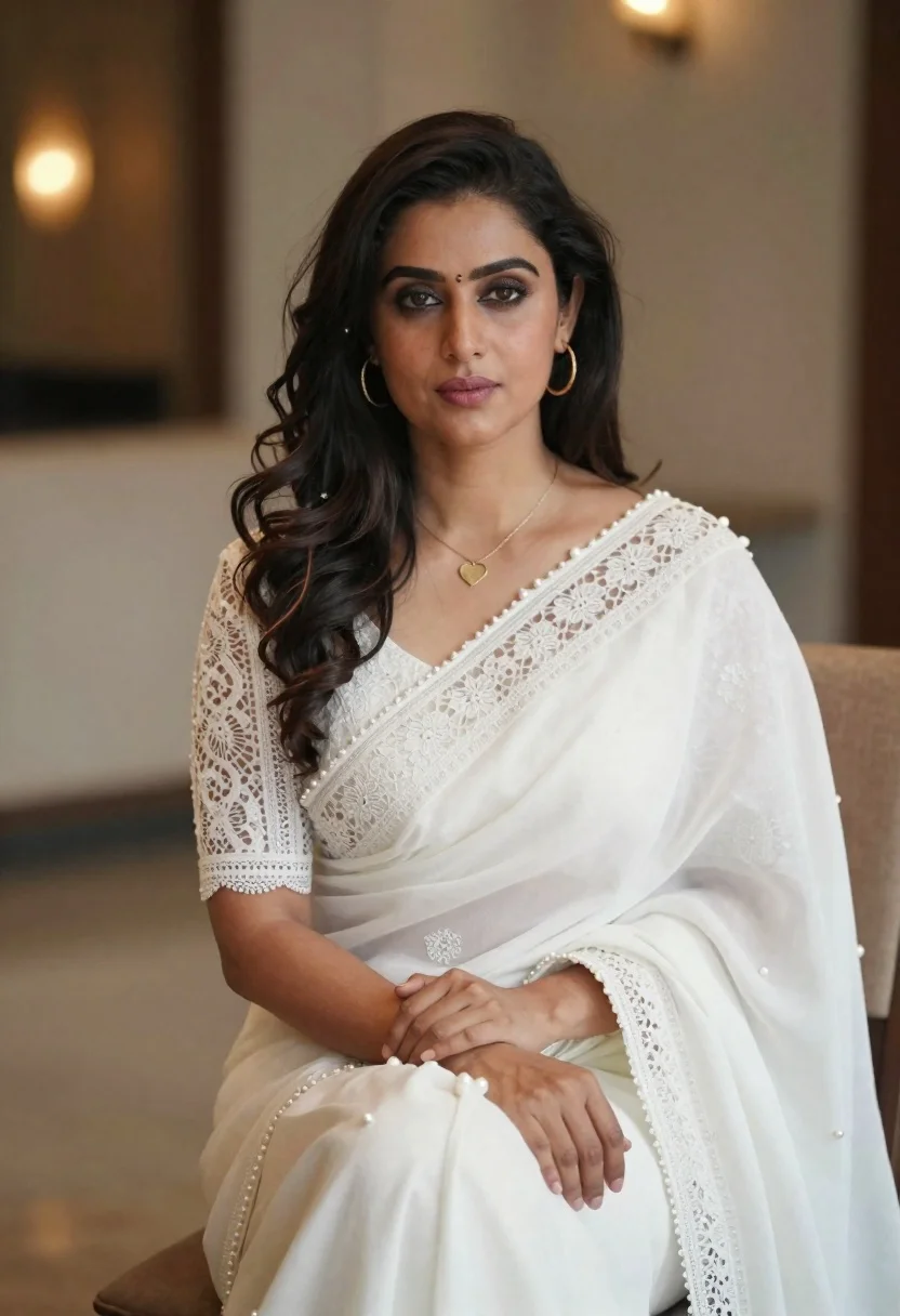 Woman in white saree sitting indoors with pearl embellishments and gold jewelry
