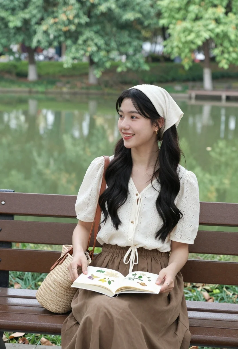 Smiling woman in cream blouse reading book by lake in green park - AI generated image prompt sample