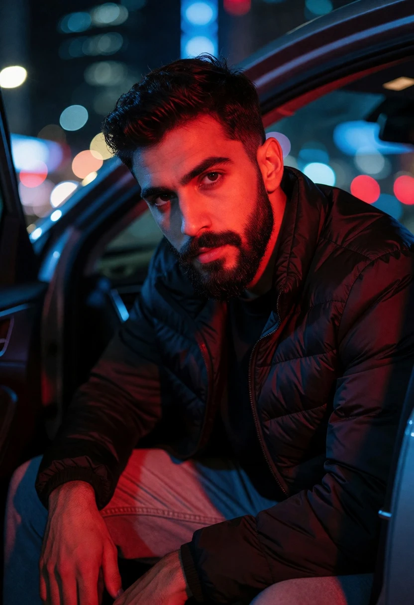 Young man in car at night with blurred city lights bokeh background - AI generated image prompt sample