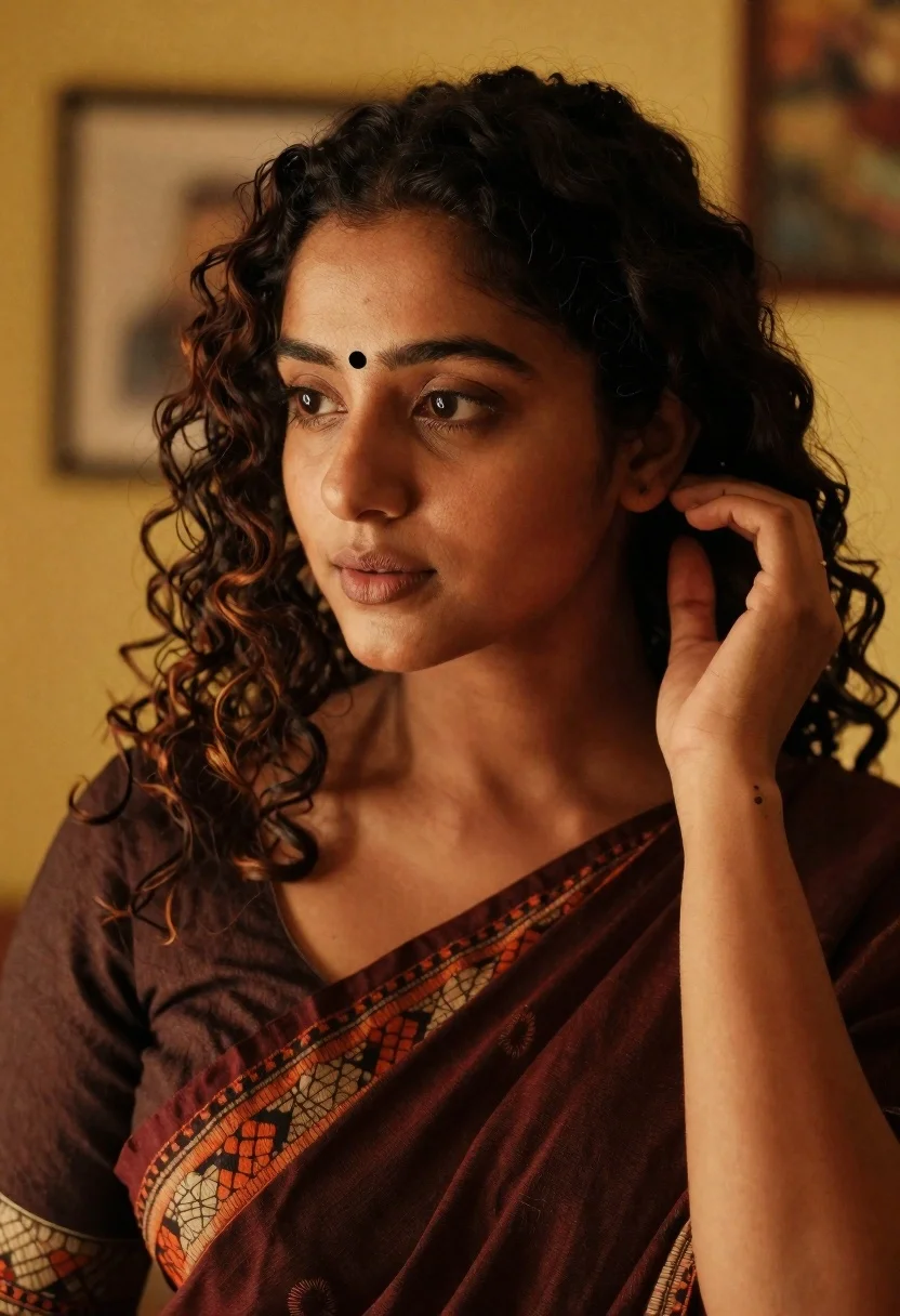 Medium close up portrait of woman in maroon saree indoors