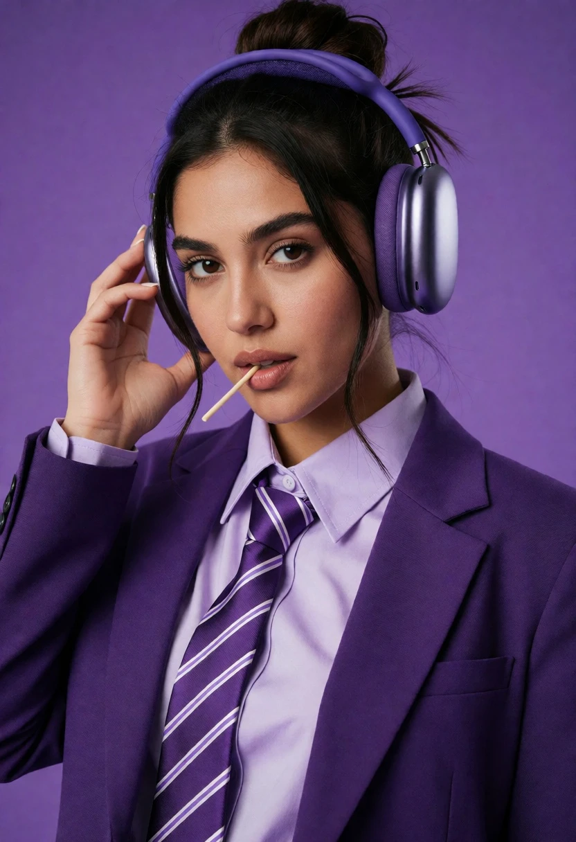 Young woman in purple blazer adjusting headphones against solid backdrop - AI generated image prompt sample