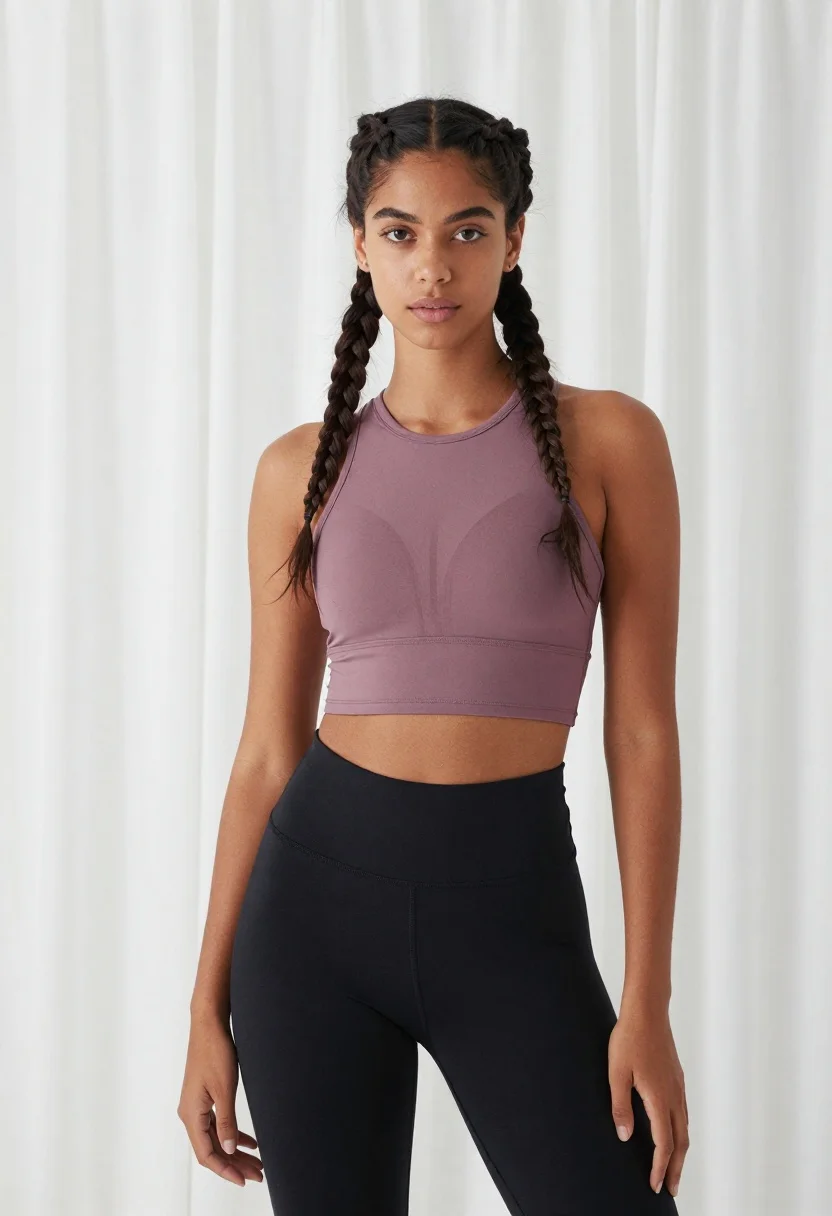 Young woman in mauve crop top standing against sheer white curtains