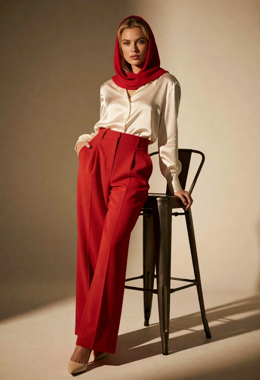 Full body fashion photograph of blonde woman in red trousers studio setting - AI generated image prompt sample