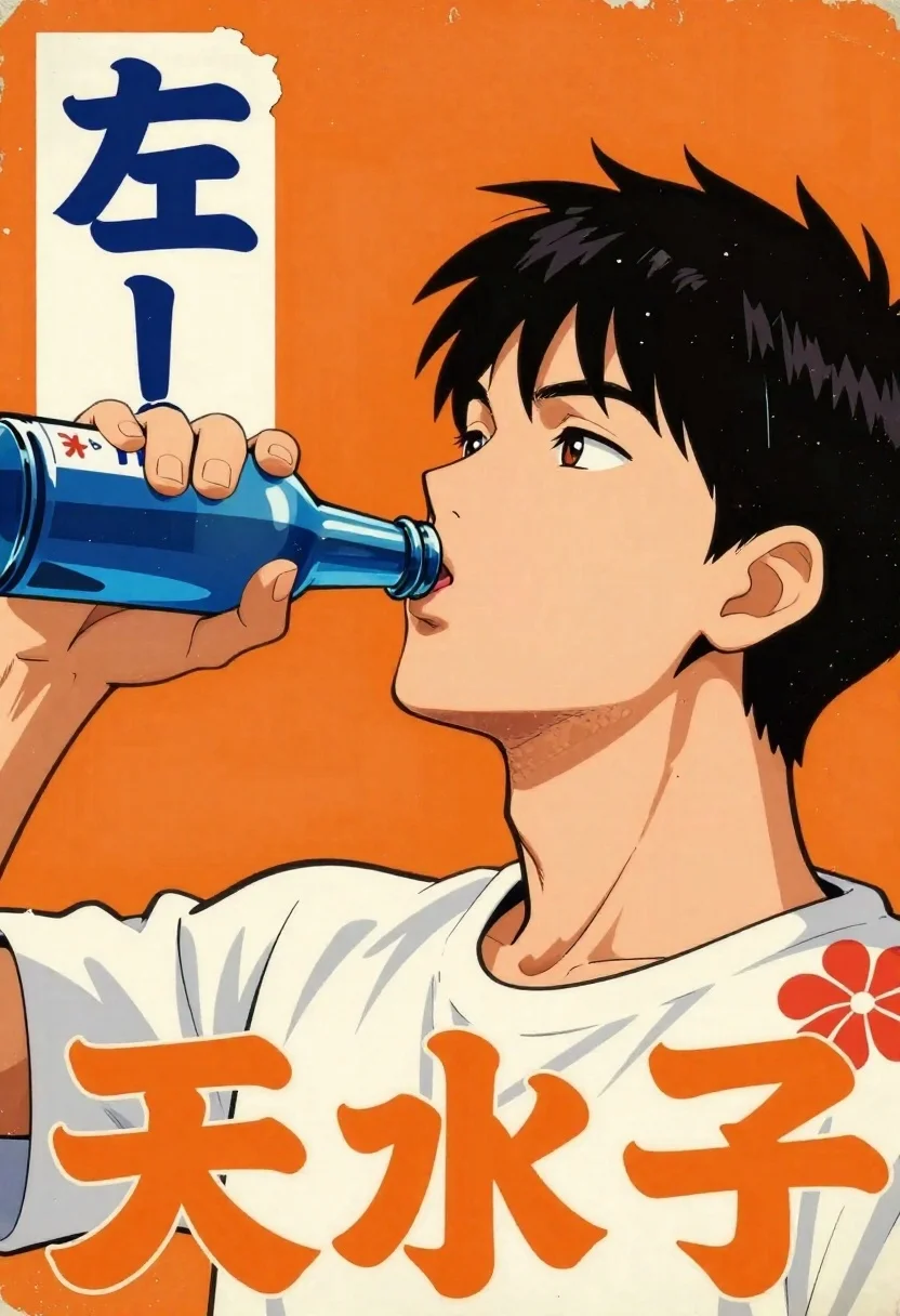 Anime man drinking from a blue bottle against orange wall