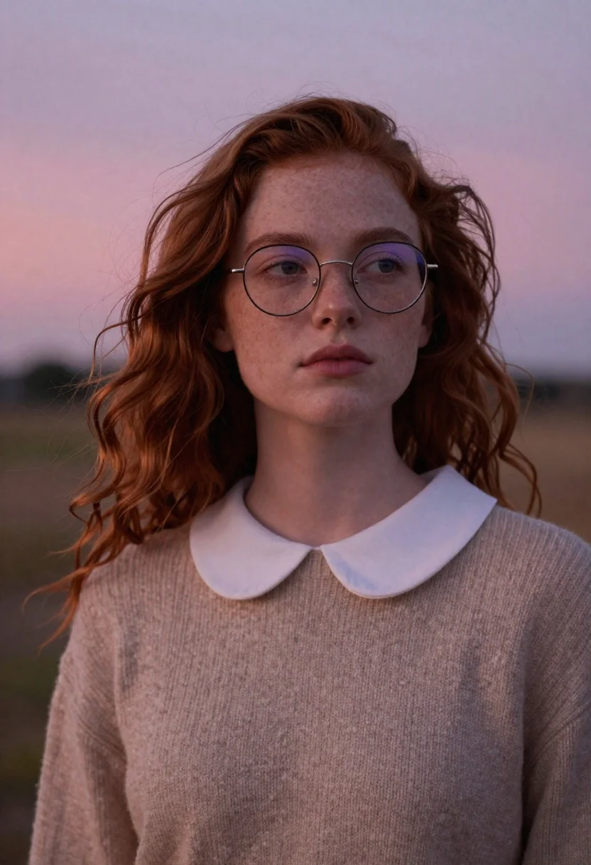 Medium close up portrait of young woman with reddish hair at sunset - AI generated image prompt sample