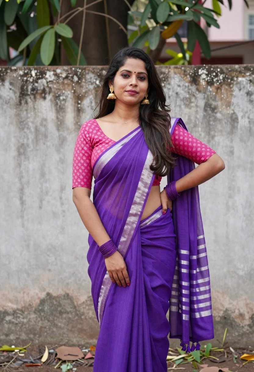 Woman in vibrant purple saree standing outdoors against concrete wall