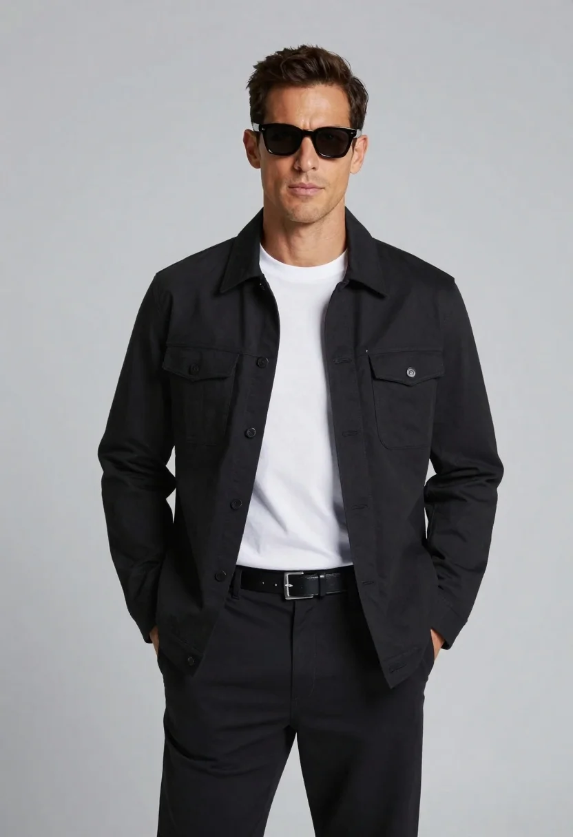 Confident man in black shirt and sunglasses posing in studio - AI generated image prompt sample
