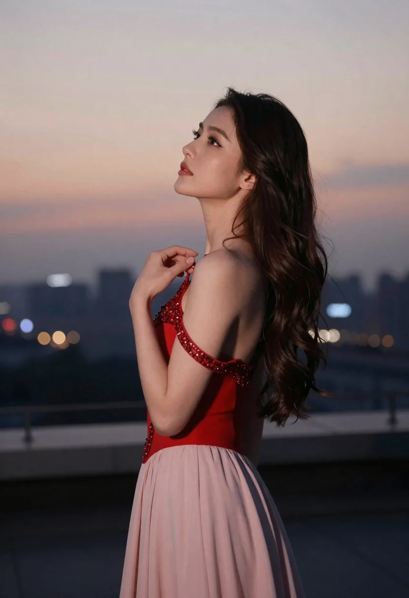 Young woman in red and pink gown on rooftop at twilight