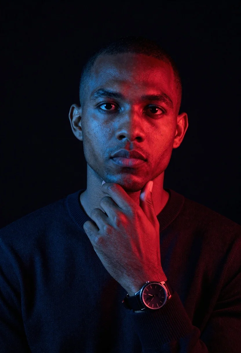 Man with dark skin in dark sweater posing against black background - AI generated image prompt sample