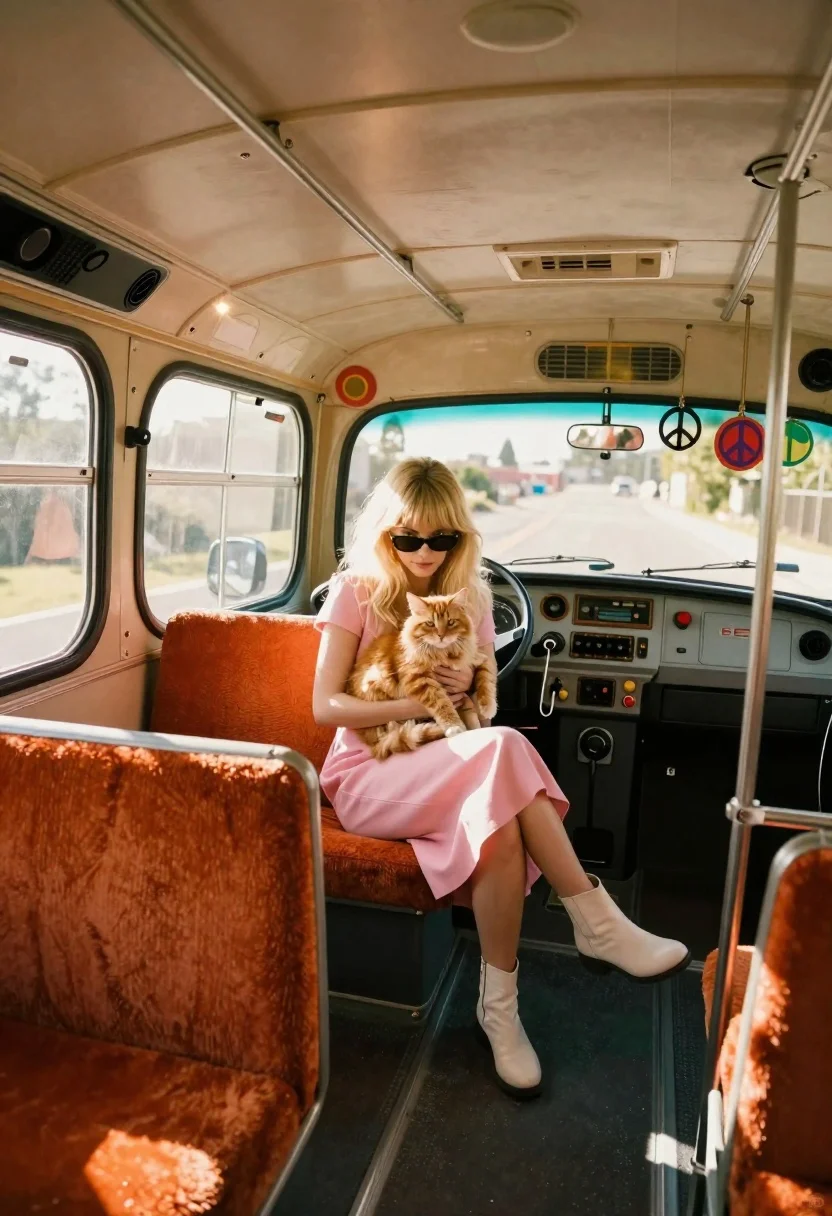 Blonde woman with cat on vintage bus seat