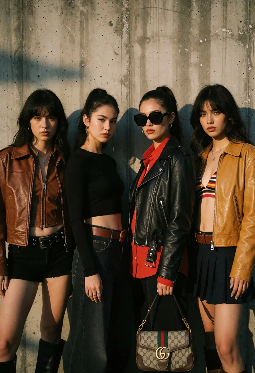 Four women in edgy fashion standing against textured concrete wall - AI generated image prompt sample