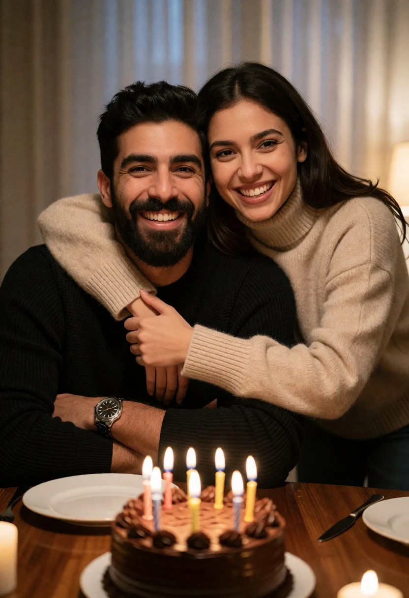 Intimate indoor birthday celebration couple at wooden table with lit candles - AI generated image prompt sample