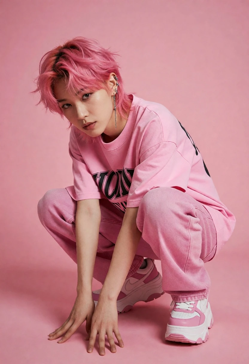 Young person crouching in pink outfit against solid pink seamless studio backdrop - AI generated image prompt sample