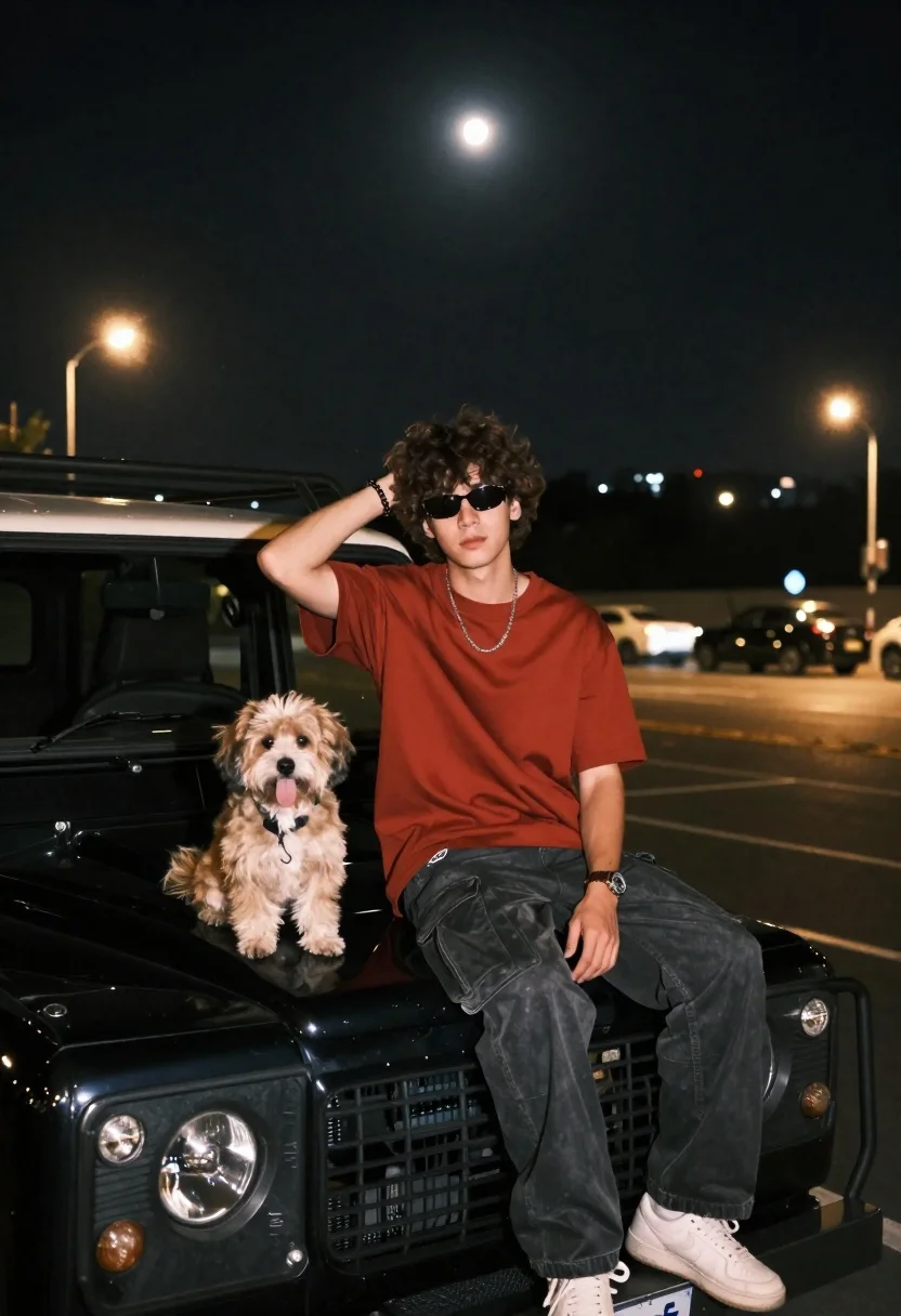 Young man with dog sitting on black land rover at night - AI generated image prompt sample
