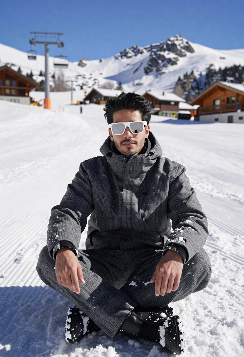 Handsome man with black hair sitting in deep snow at ski resort - AI generated image prompt sample