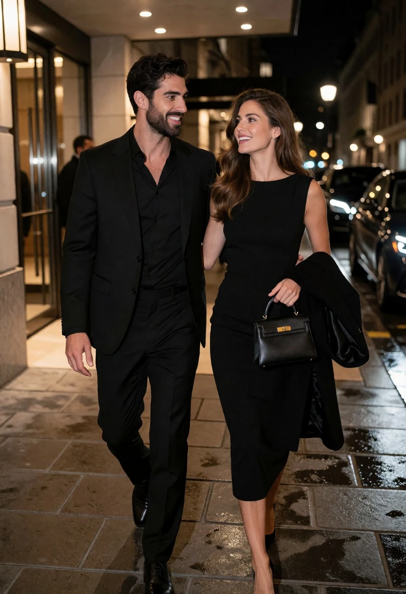 Well dressed couple walking down a city sidewalk at night with luxury - AI generated image prompt sample