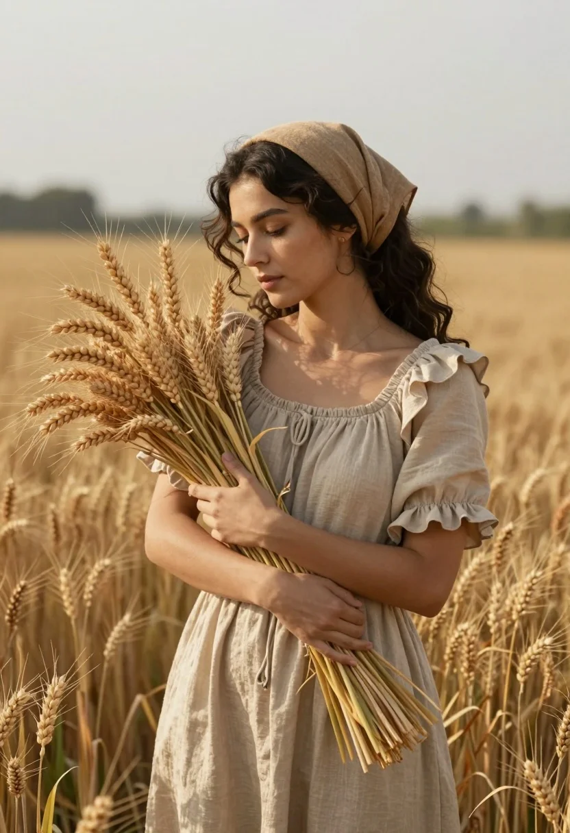 Young woman in beige linen dress holding wheat bundle in golden field - AI generated image prompt sample